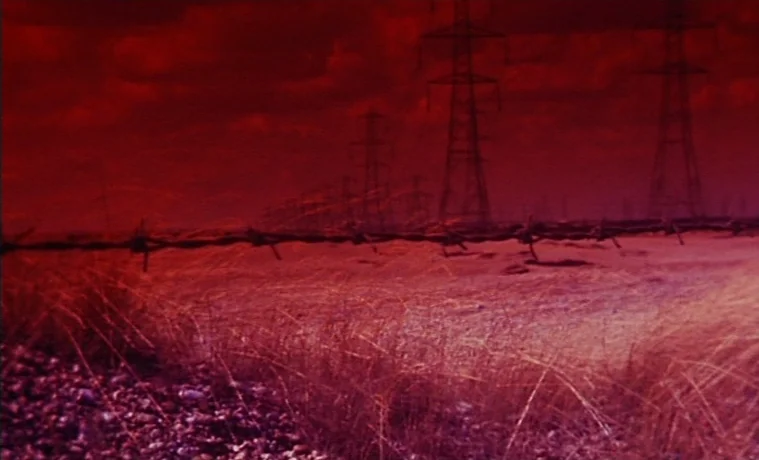 The Garden (1990) movie still: establishing — A desolate, grassy field is bisected by a line of sharp, rusted barbed wire. Tall electrical…