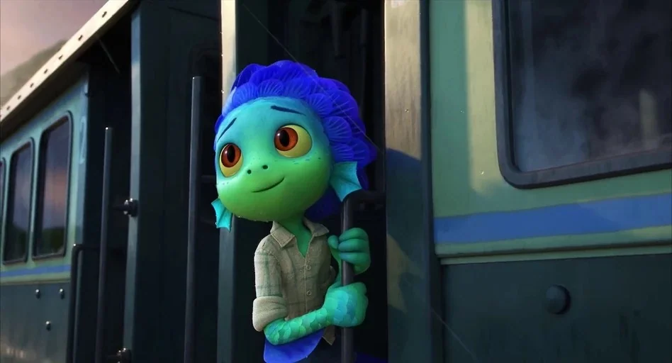 The Pixar Story (2007) movie still: medium — A green sea monster character leans out from the metal frame of a train car. The side of the dark green…