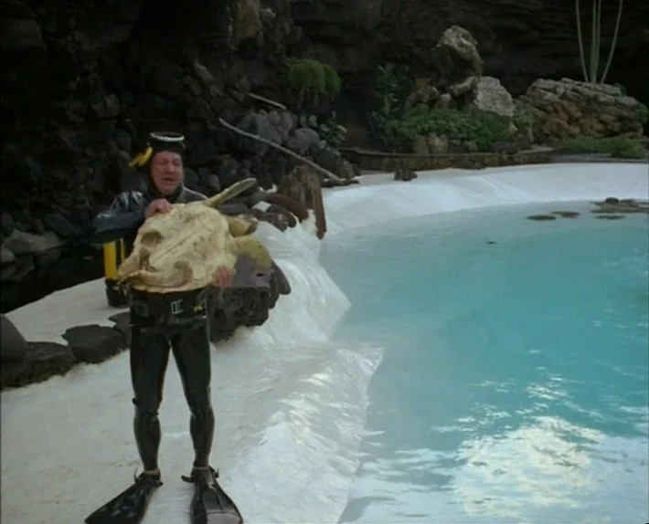 Fata Morgana (1971) movie still: fullbody — A man in a wetsuit stands on the white edge of an artificial lagoon. The background features a wall of…