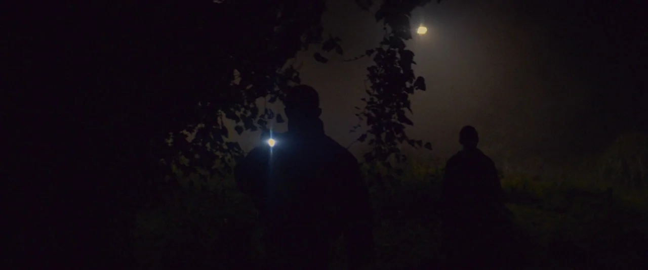 Kissing Candice (2017) movie still: medium — A dark night scene features two silhouetted figures moving through a vegetated outdoor area. One figure…