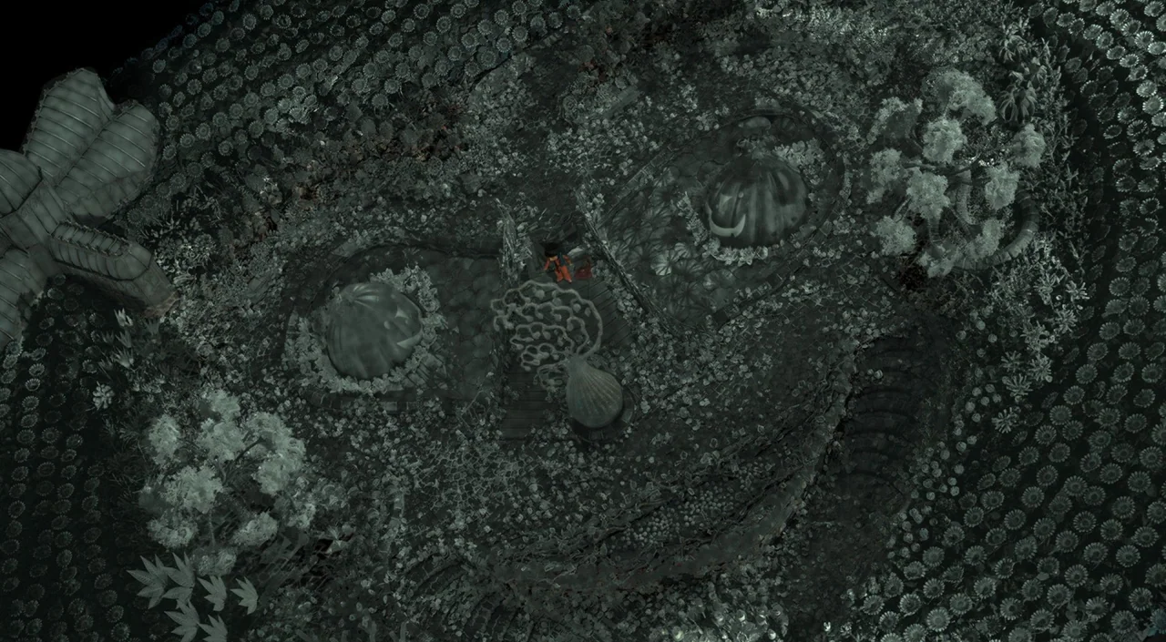Coraline (2009) movie still: establishing — A dark, top-down view of a complex garden layout with patterned plant rows. Large sculpted topiary…