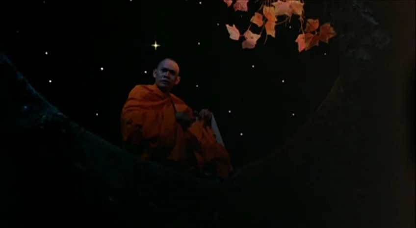 Boxer’s Omen (Mo) (1983) movie still: medium — A Buddhist monk sits on a large, dark tree branch against a starry night sky. The monk wears bright…