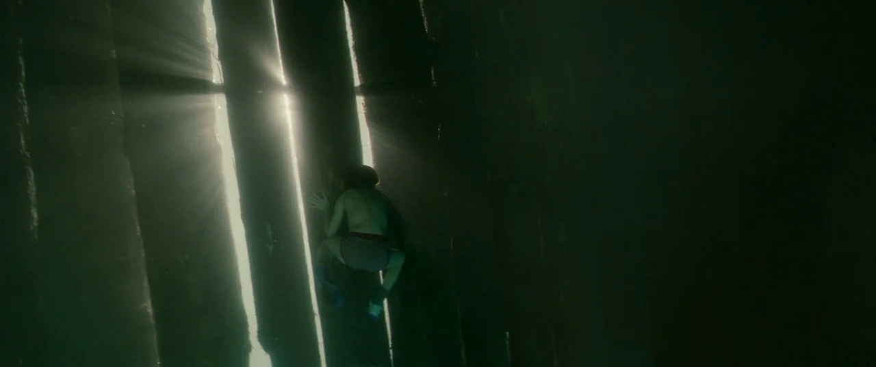 Horns (2013) movie still: wide — A person floats underwater beside a structure made of several thick, vertical wooden beams. Rays of light filter…
