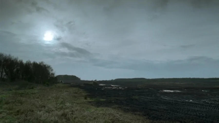 Garage (2007) movie still: wide — A vast, harvested peat bog features dark, damp soil and tire tracks. Bare trees stand along the edge under a grey,…