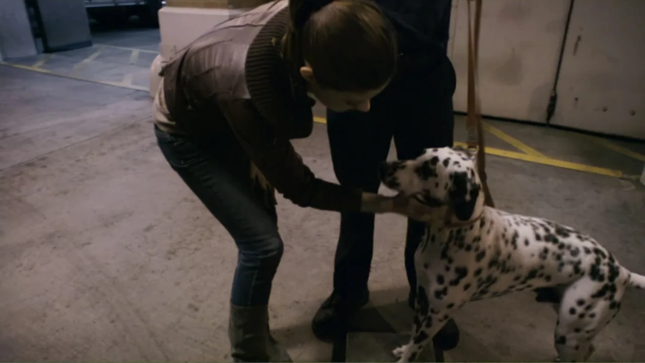 Quarantine (2008) movie still: medium — A dimly lit concrete interior space with yellow painted lines on the ground surface. A woman in a brown…