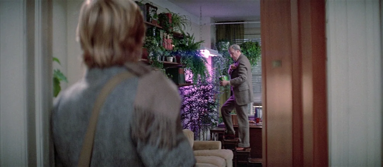 Three Days of the Condor (1975) movie still: medium — A room filled with various potted plants arranged on shelves and near windows. An older man…