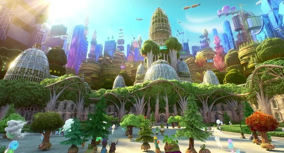 Elemental (2023) movie still: establishing — A futuristic city skyline is integrated with large glass domes and massive tree-like structures. Small…