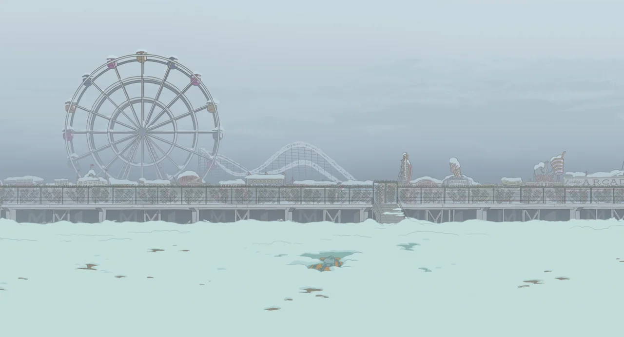 Robot Dreams (2023) movie still: establishing — A snow-covered amusement park sits behind a chain-link fence under a grey sky. A small object is…