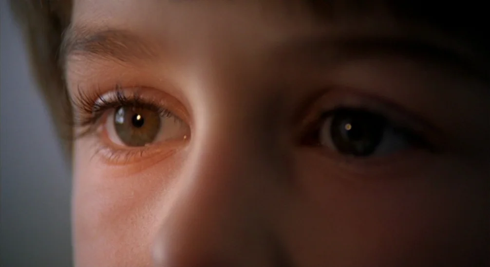 New Nightmare (1994) movie still: closeup — A close-up view shows a child's eyes illuminated against a dark background. The subject stares ahead…