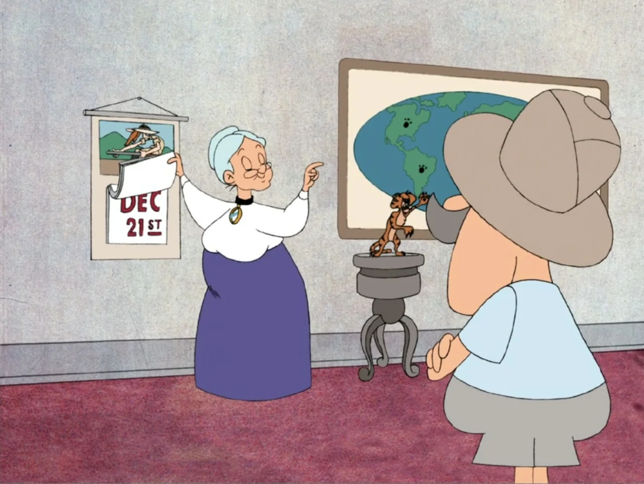 Tweety's High Flying Adventure (2000) movie still: medium — An interior space features an elderly woman and a man standing before a calendar. The…