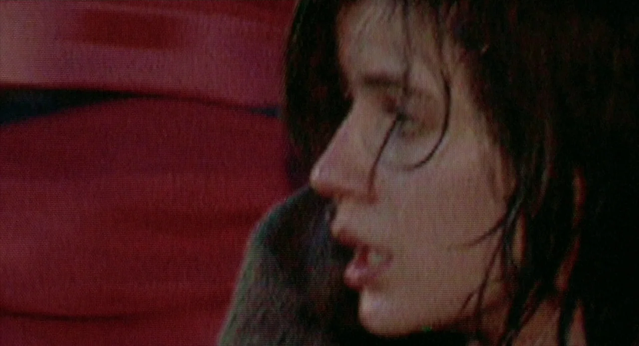 Three Colours: Red (1994) movie still: closeup — A close up shows the side profile of a woman against red seating. She has wet hair and her mouth is…