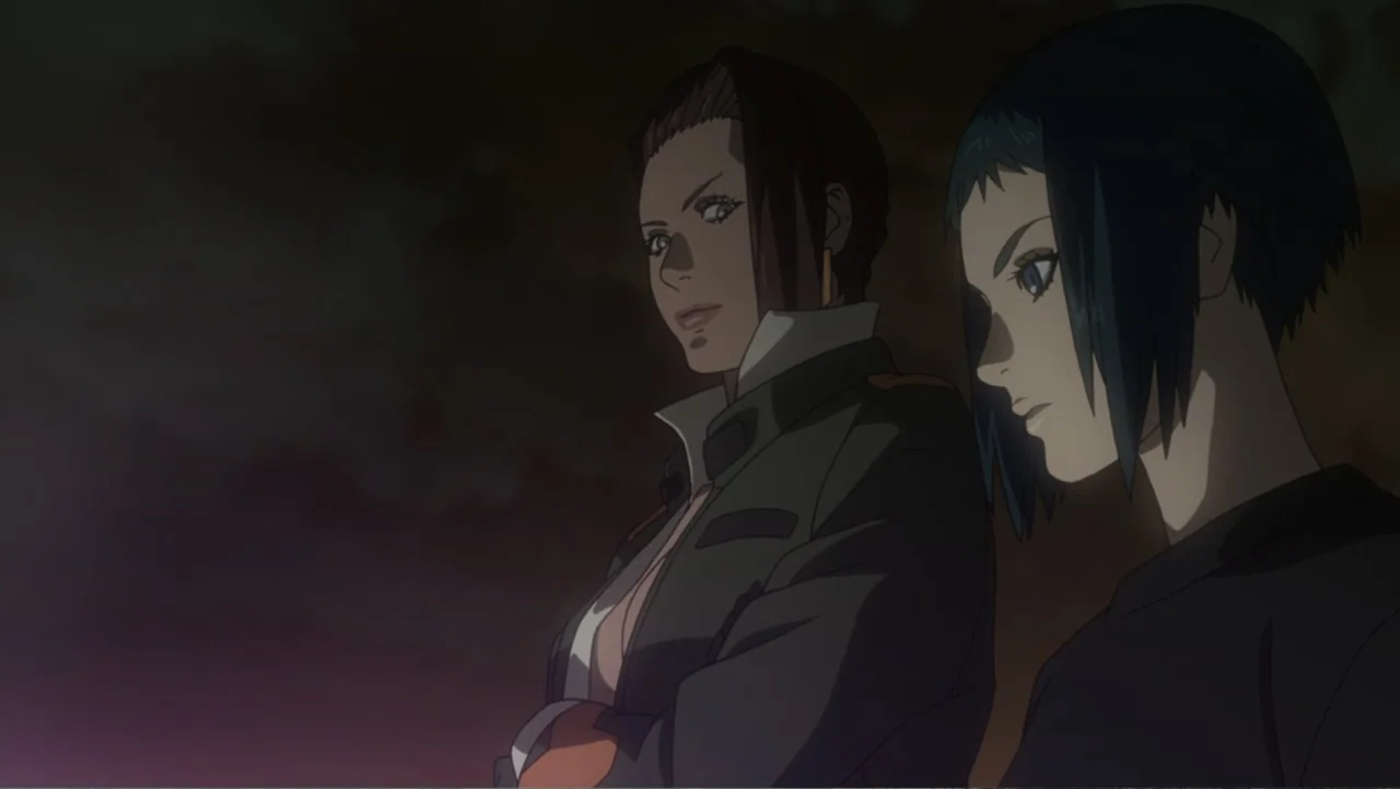 Ghost in the Shell: Arise - Border 1: Ghost Pain (2013) movie still: medium — Two women stand together in a dimly lit environment at night. They…
