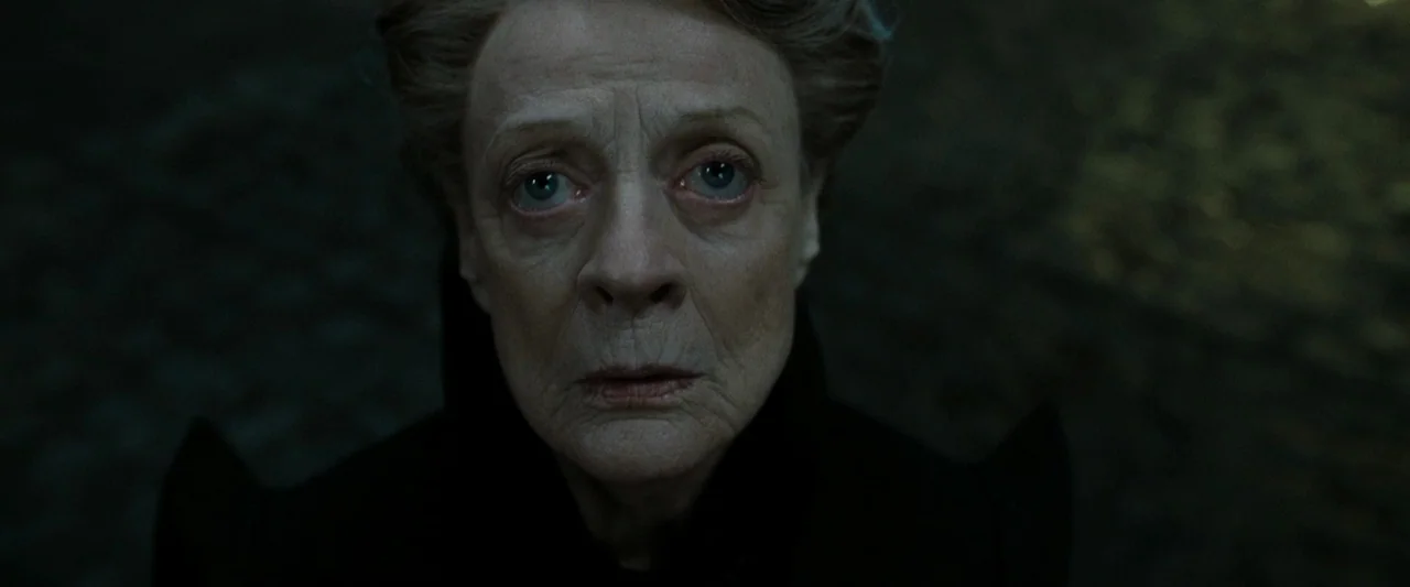 Harry Potter & The Deathly Hallows Part 2 (2011) movie still: closeup — A stone-paved environment at night with dark, shadowy corners. An elderly…