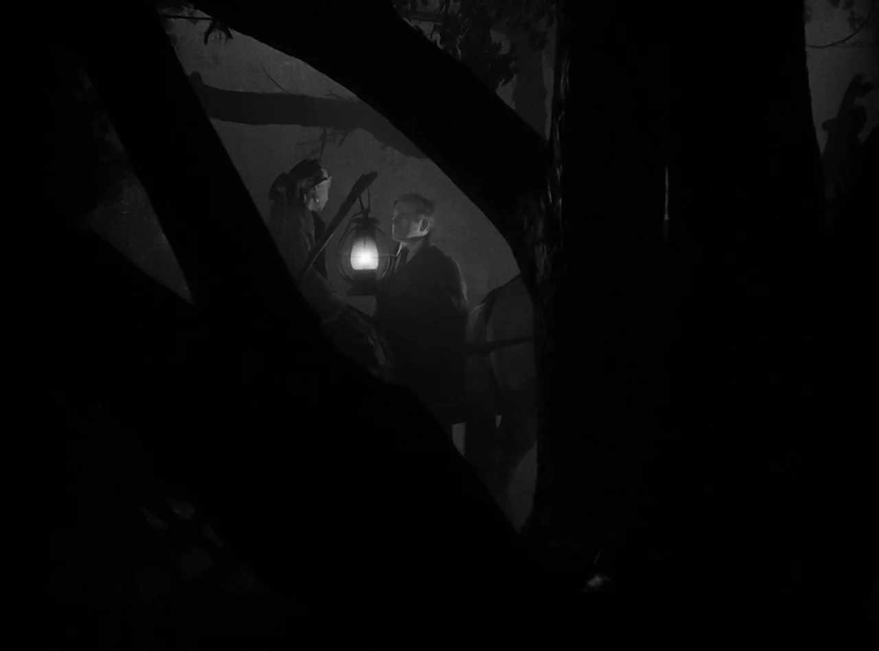 The Wolf Man (1941) movie still: wide — A dark, misty woodland clearing framed by large, silhouetted tree branches and trunks. Two people stand…