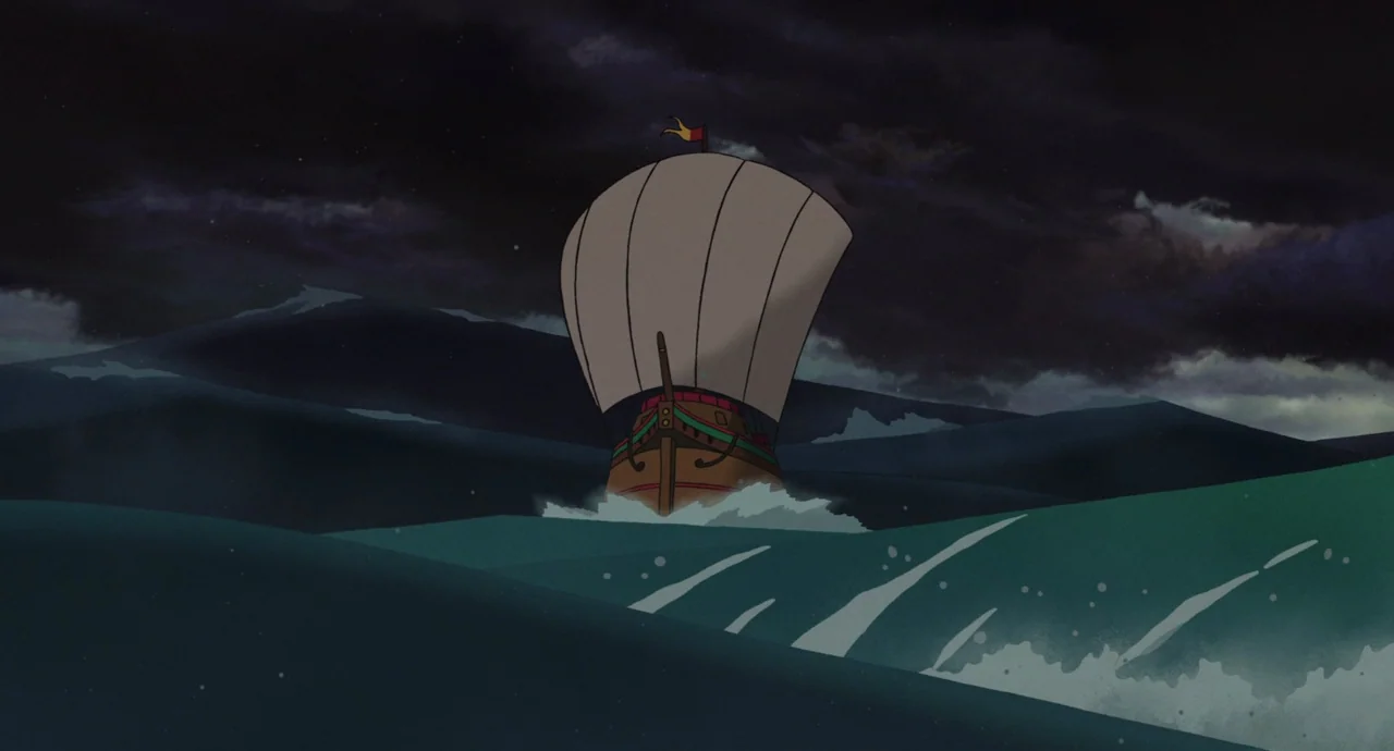 Tales From Earthsea (2006) movie still: wide — A wooden sailing ship moves across a choppy, dark sea at night under clouds. The vessel is captured…