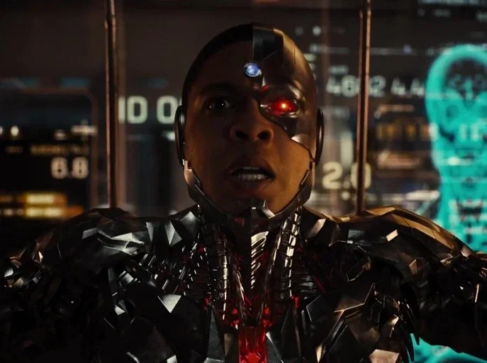 Zack Snyder's Justice League (2021) movie still: closeup — A high-tech laboratory interior features digital displays and holographic data…