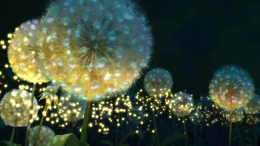 The Princess and the Frog (2009) movie still: closeup — A cluster of dandelion seed heads illuminated by internal golden light at night. Numerous…