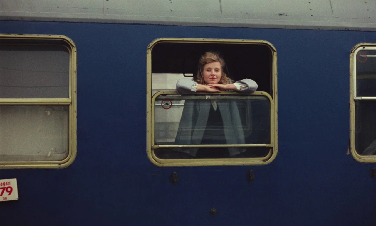 Wrong Move (1975) movie still: medium — The exterior of a blue train car shows a woman leaning out of a window. She rests her chin on her hands…