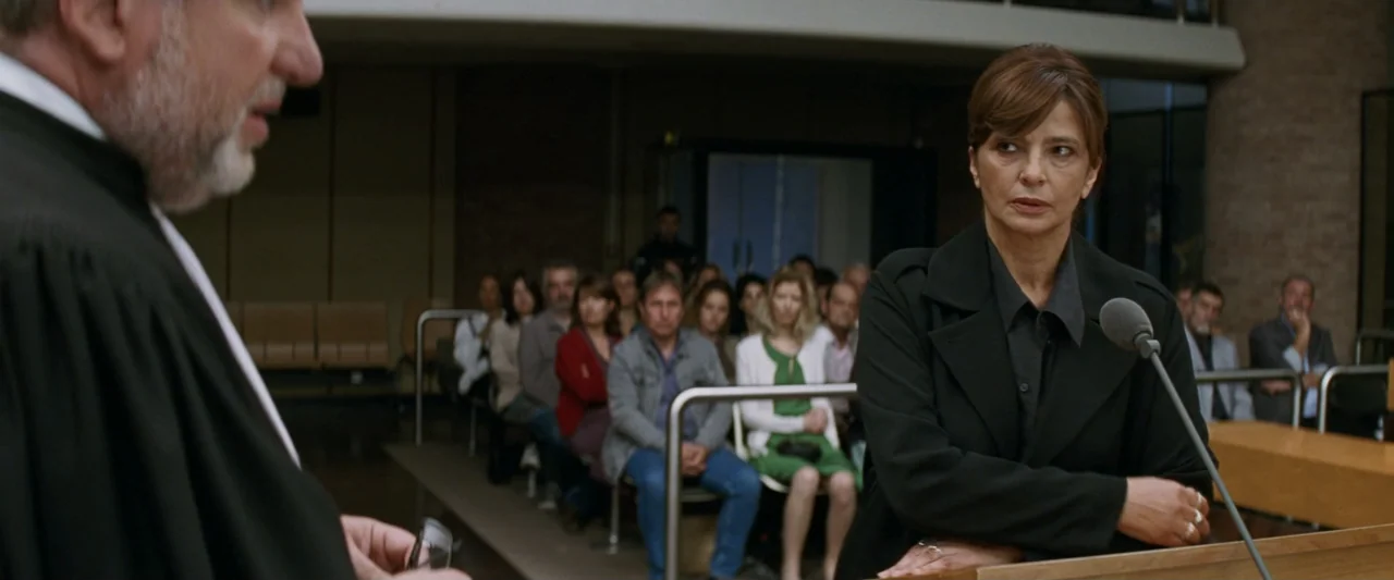 Masquerade (2022) movie still: medium — A modern courtroom gallery features rows of brown chairs and individuals observing the proceedings. A woman…