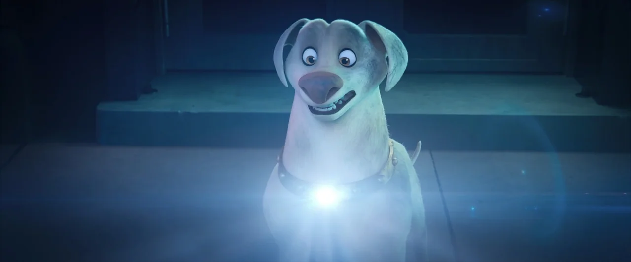 DC League of Super-Pets (2022) movie still: medium — A white dog stands on a dark porch at night with a concrete landing. A glowing, bright light…