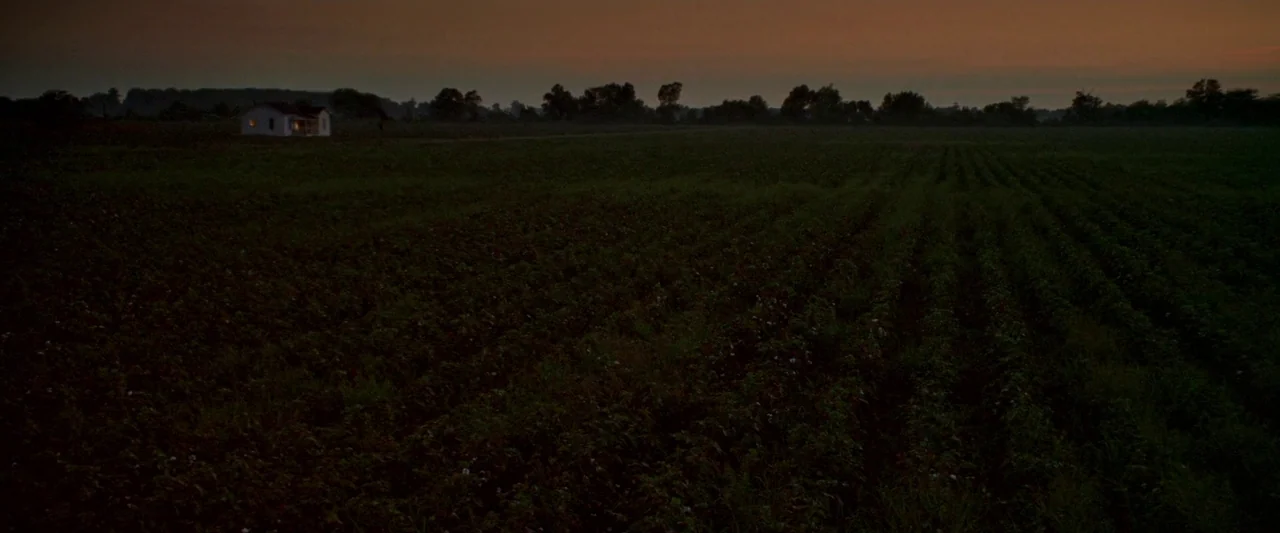 Walk The Line (2005) movie still: establishing — A vast, dark field of crops extends toward a distant line of trees. A small lone house sits…