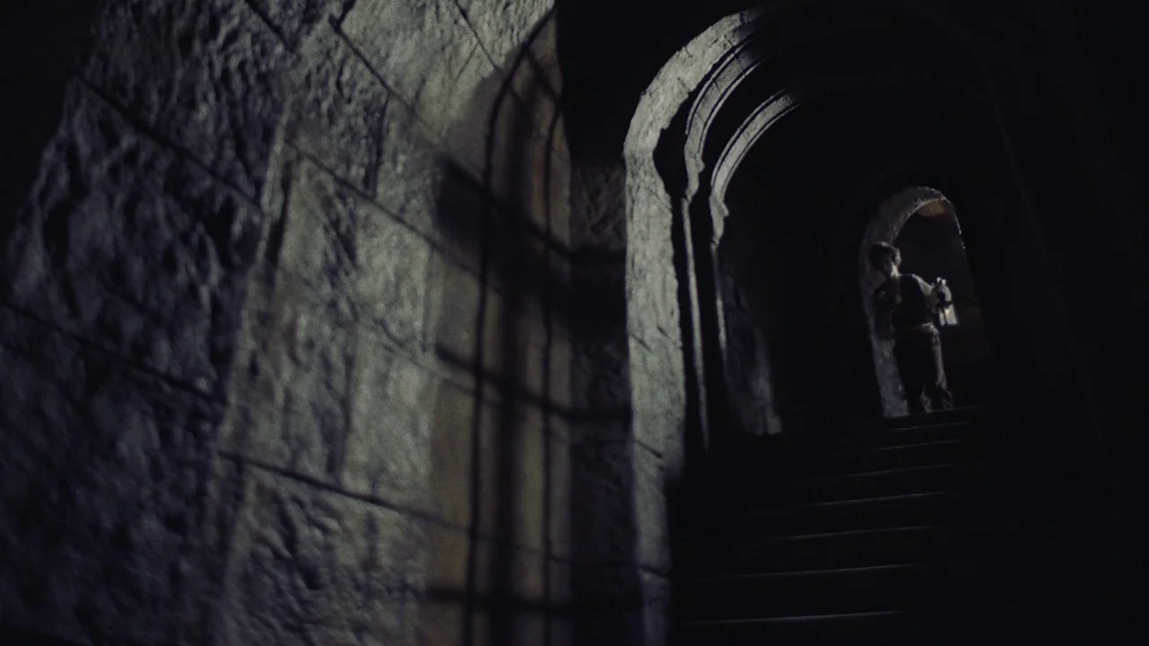 The Field Guide to Evil (2018) movie still: wide — A dark, arched stone staircase with rough-hewn walls descends into deep shadow. A figure carrying…