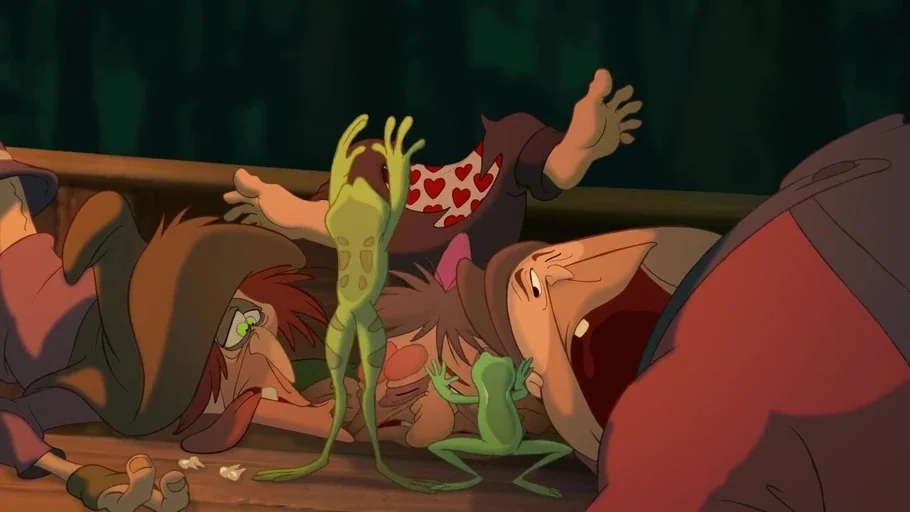 The Princess and the Frog (2009) movie still: medium — A wooden flat-bottomed boat rests in a dark, swampy environment at night. Two frogs stand…