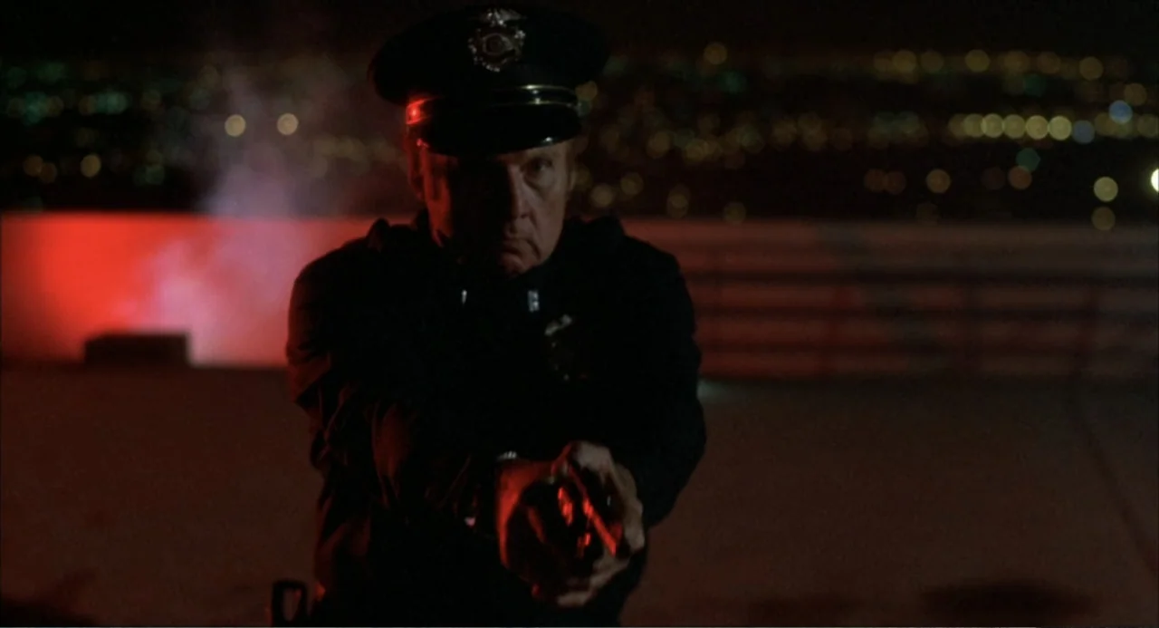 Murphy's Law (2009) movie still: medium — A flat rooftop at night overlooks a blurred, illuminated city landscape in the distance. An older police…