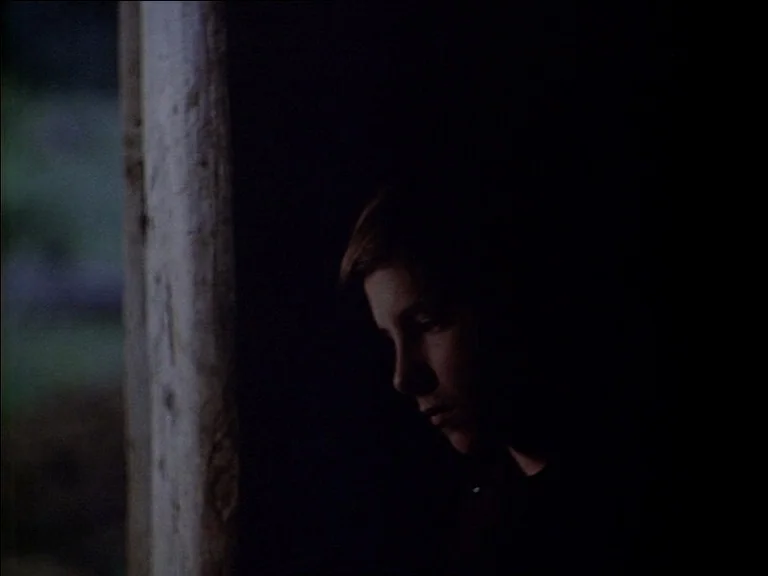 Mirror (Зеркало, Zerkalo) (1975) movie still: closeup — A dark indoor space meets an exterior opening in a rustic wooden structure. A young boy…