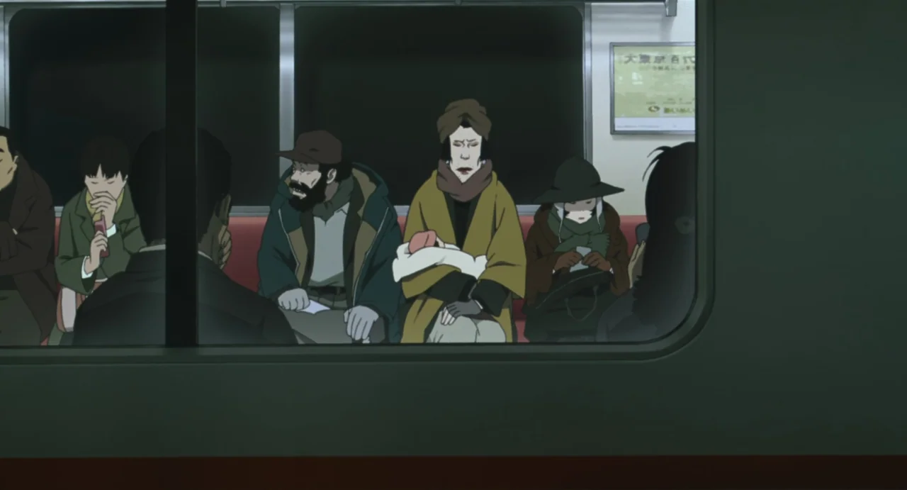 Tokyo Godfathers (2003) movie still: medium — A dimly lit subway car interior contains passengers seated on a red vinyl bench. A woman holding an…
