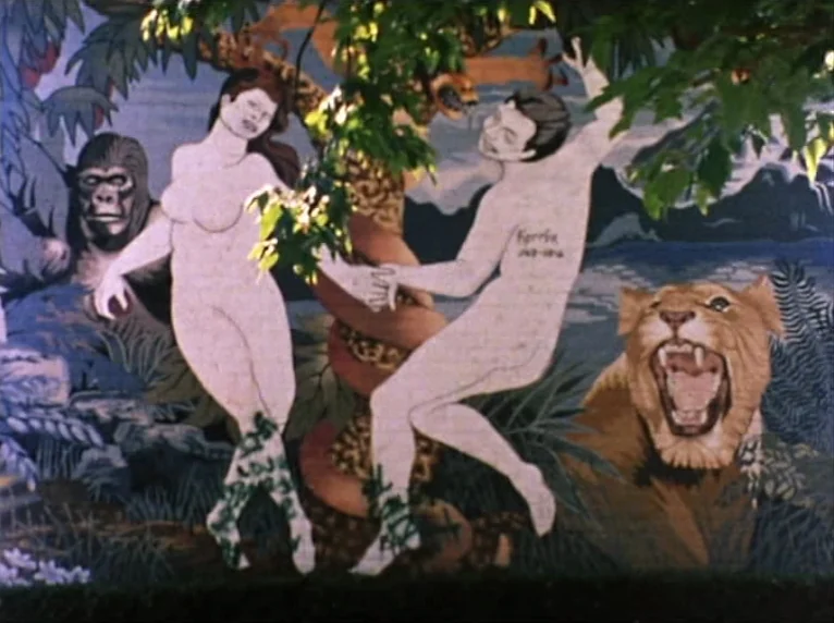 Mur Murs (1981) movie still: medium — An outdoor mural painted on a textured wall depicts Adam and Eve in paradise. A gorilla, a lion with its mouth…
