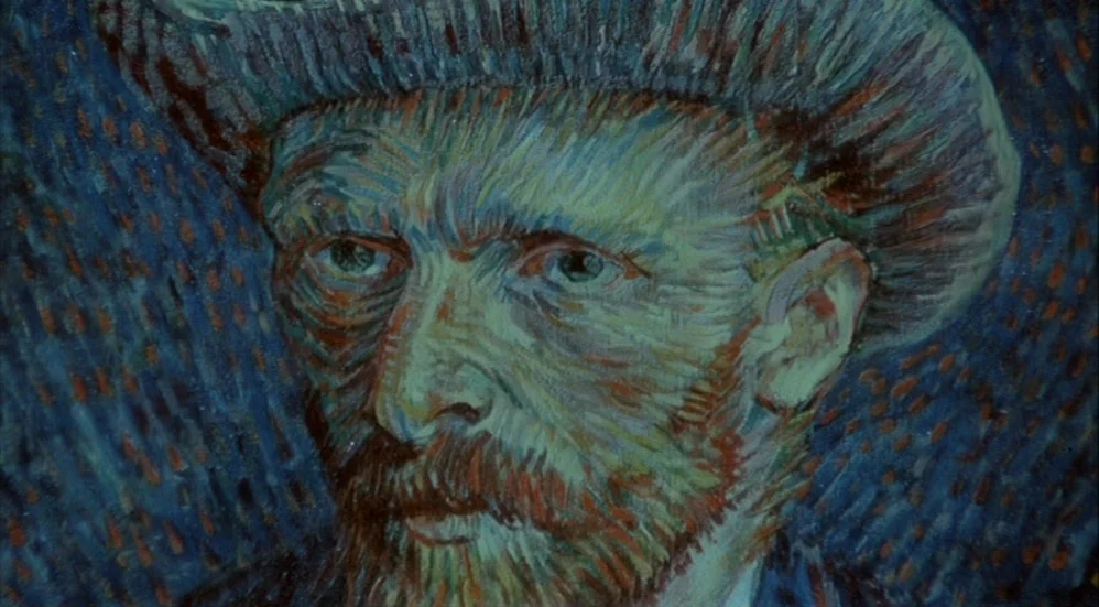 Un Flic (1972) movie still: closeup — A close-up view of a thick-textured oil painting of a man. The portrait displays heavy, visible brushwork in…