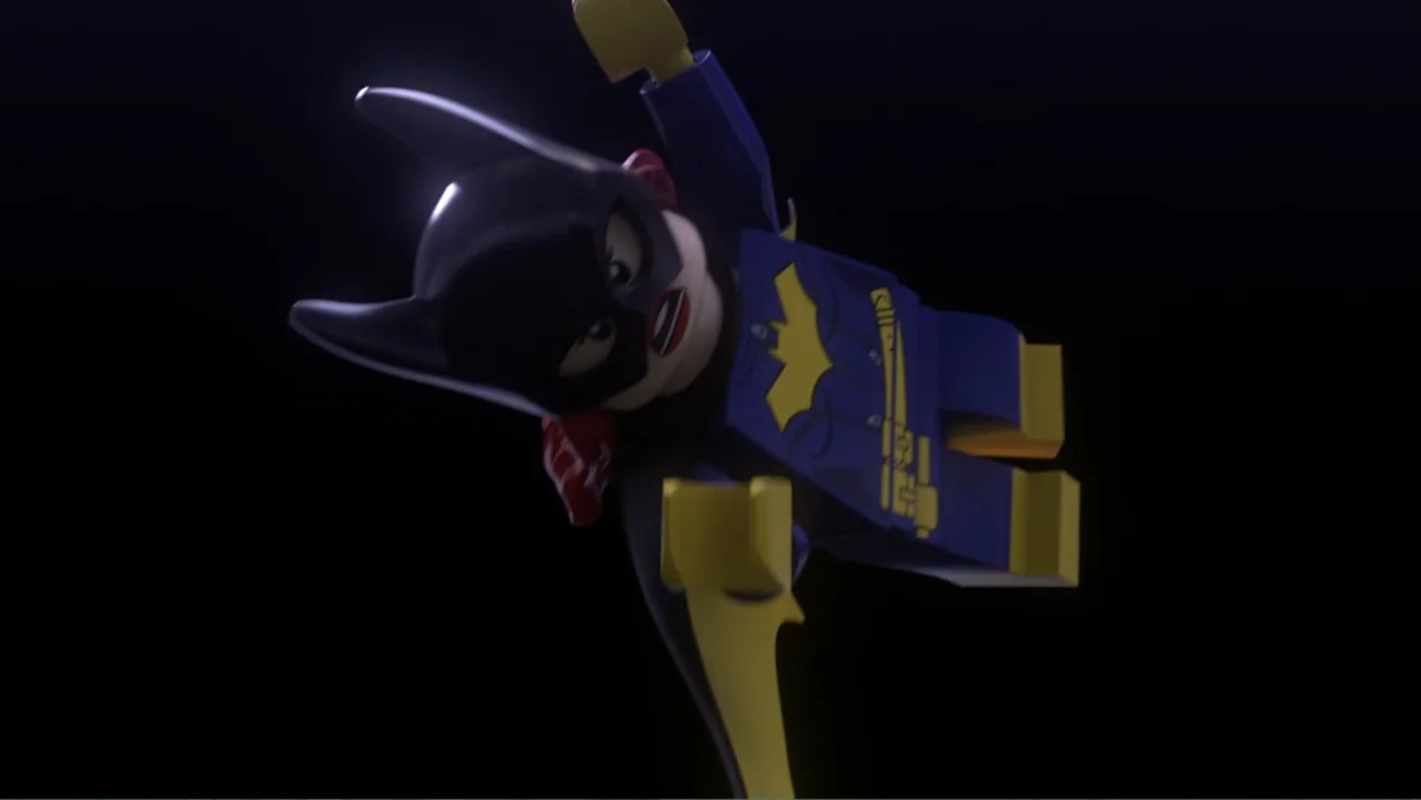 LEGO DC Batman: Family Matters (2019) movie still: medium — A dark space serves as the background for a LEGO character floating mid-air. Batgirl…