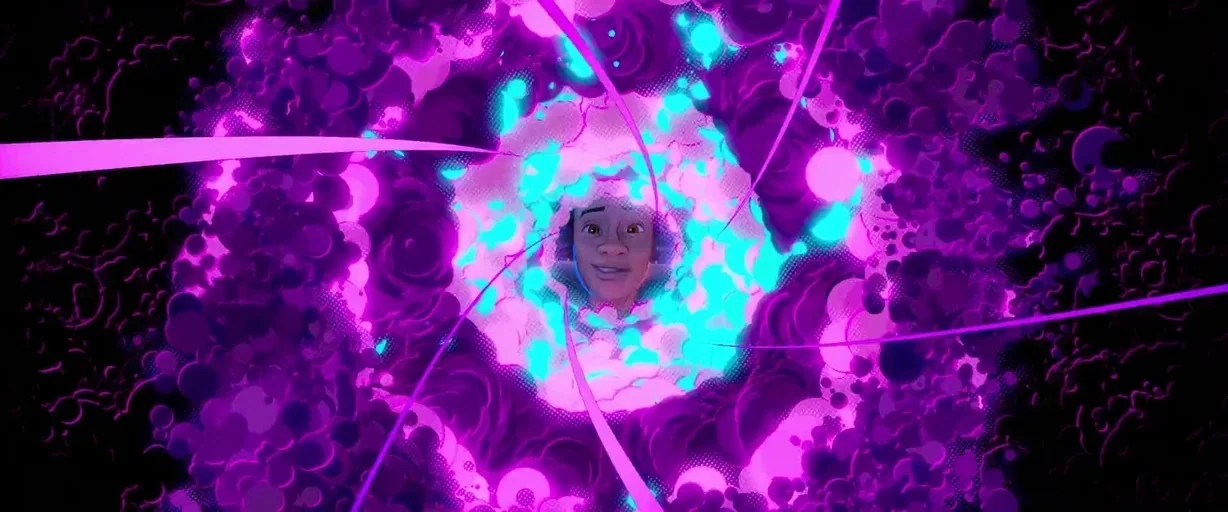 Spider-Man: Into the Spider-Verse (2018) movie still: closeup — An abstract, colorful vortex of swirling neon cyan and magenta particles surrounds a…