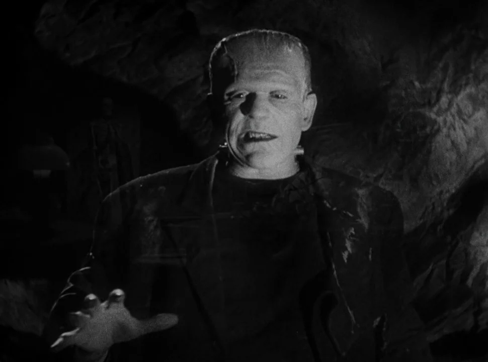The Bride of Frankenstein (1935) movie still: medium — The creature stands inside a dimly lit, rocky cave-like environment. He holds his hand out…