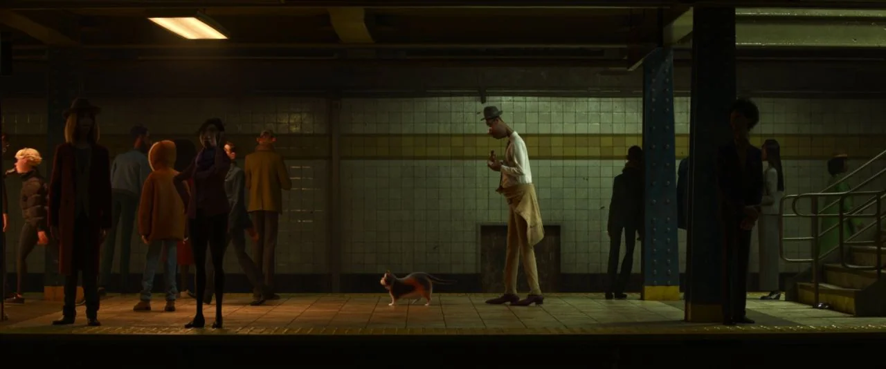 Soul (2020) movie still: wide — A dimly lit tiled platform in an underground train station with commuters waiting. A man stands still near a walking…