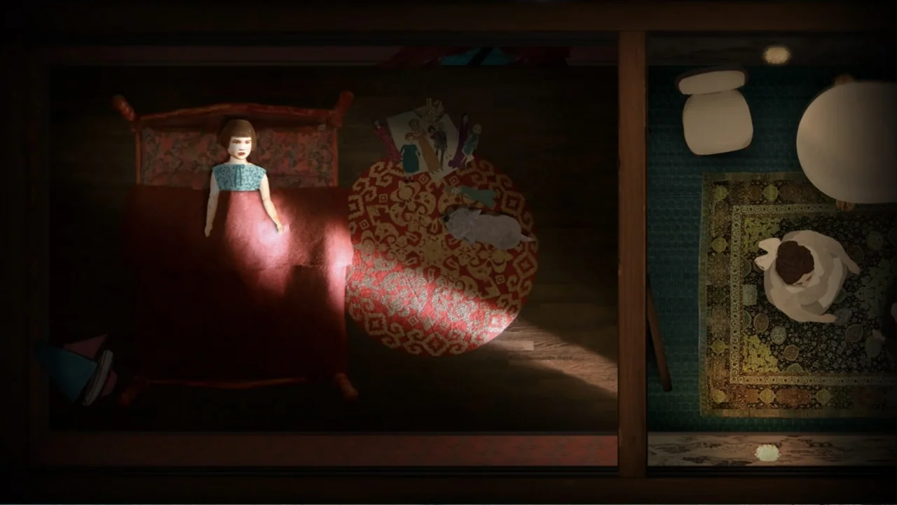 Nothing Left Unsaid: Gloria Vanderbilt & Anderson Cooper (2016) movie still: wide — A split-view overhead shot of a dimly lit bedroom featuring a…