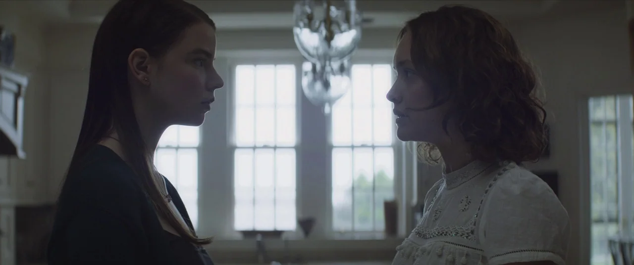 Thoroughbreds (2017) movie still: medium — A spacious room features a large central window and a hanging crystal chandelier. Two young women stand…