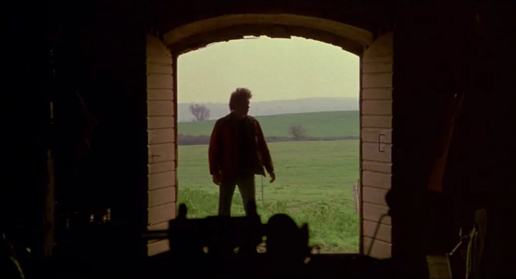 My Own Private Idaho (1991) movie still: wide — A dark interior opens onto a bright green landscape under a pale sky. A man stands in the threshold…