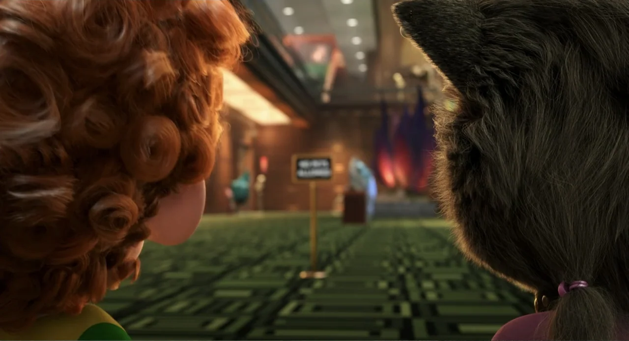 Hotel Transylvania 3: Summer Vacation (2018) movie still: medium — An interior hotel lobby features green patterned carpeting and distant decorative…