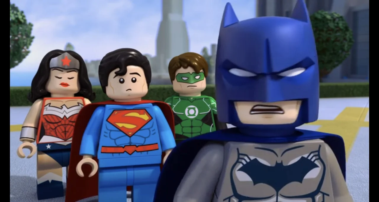 LEGO DC Comics Super Heroes: Justice League - Cosmic Clash (2016) movie still: medium — Lego versions of DC superheroes stand on a paved surface…