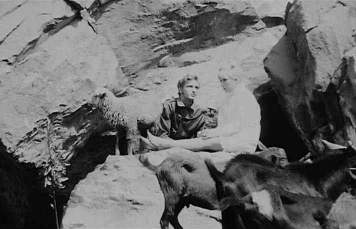 Fando y Lis (1968) movie still: medium — A man and woman sit together on a narrow ledge built into large jagged rocks. Several goats move around the…