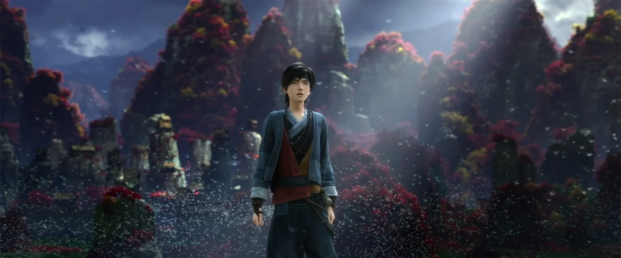 White Snake (2019) movie still: medium — A fantasy landscape features jagged rock formations covered in vibrant red and purple vegetation. A young…