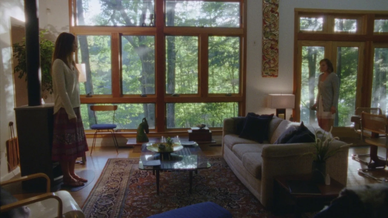 Queen of Earth (2015) movie still: wide — A spacious sunlit living room features large windows looking out into a dense forest. Two women stand at…