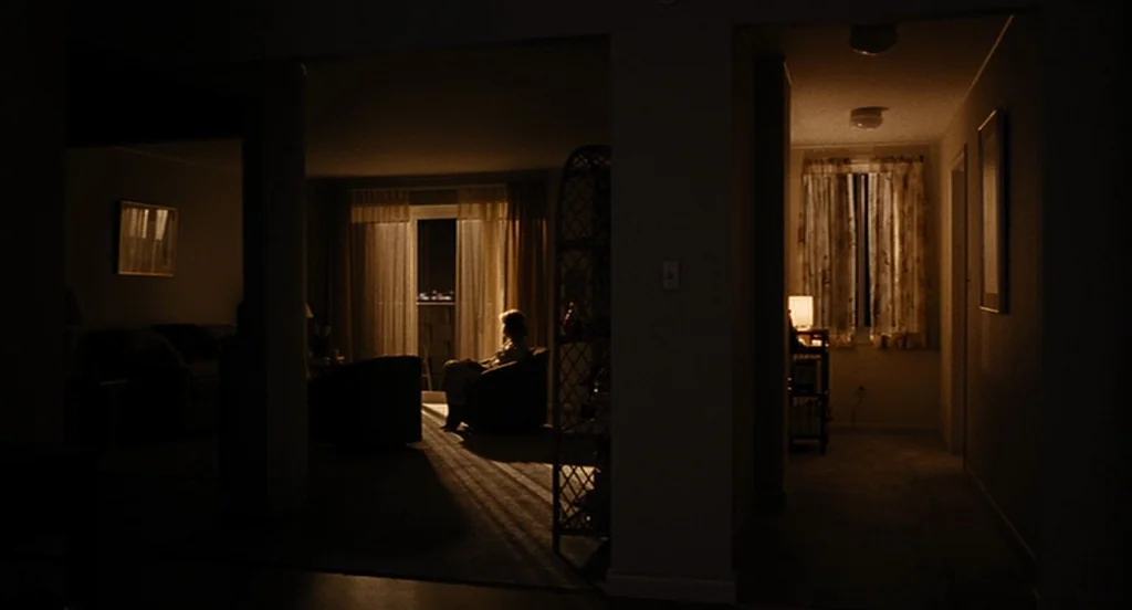 Burn After Reading (2008) movie still: wide — An apartment interior is dim and split by architectural pillars into two main areas. A woman sits…