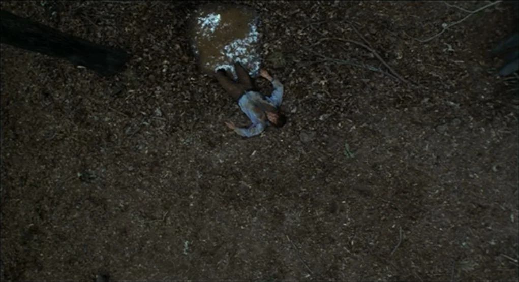 Evil Dead II (1987) movie still: wide — A man lies prone on a patch of dirt covered in scattered dead leaves. There is a small puddle of white…