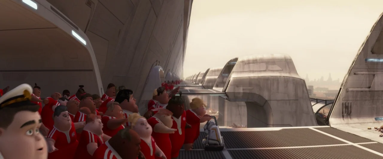 Wall-E (2008) movie still: wide — A group of people in red uniforms stand on a large metal platform exterior. They look out towards a vast dusty…