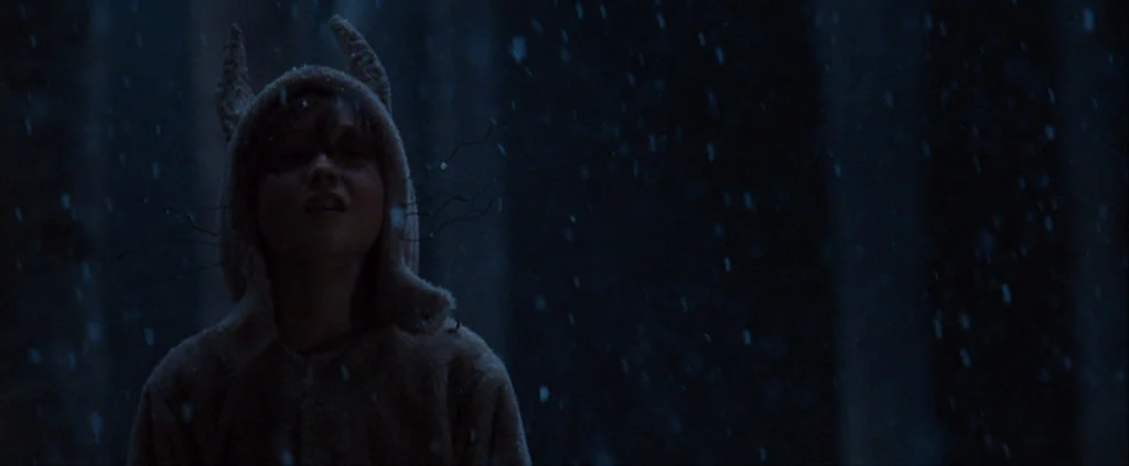 Where The Wild Things Are (2009) movie still: medium — A snowy dark environment at night with blurred trees in the background. A young boy wears a…