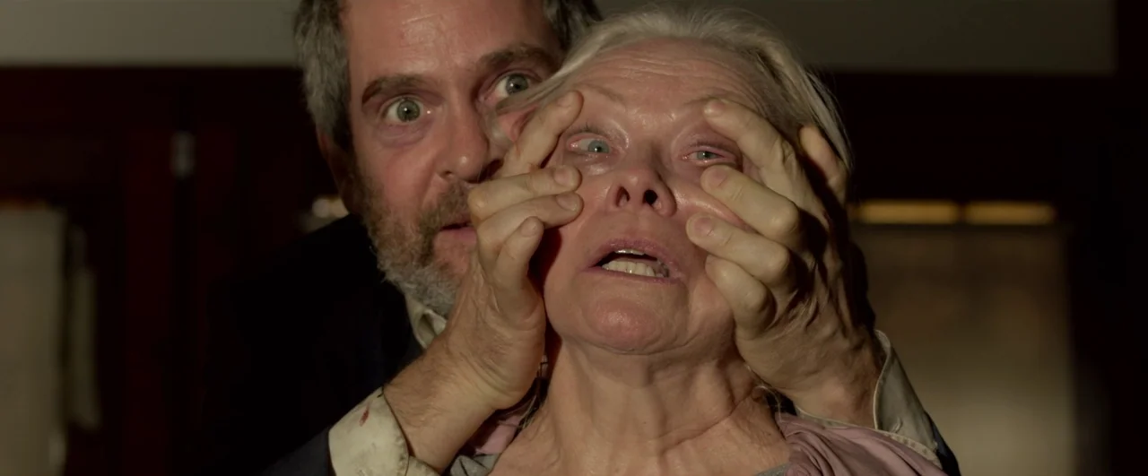 Bird Box (2018) movie still: closeup — A dimly lit interior room serves as the setting for this close interaction. A man grips the head of an older…