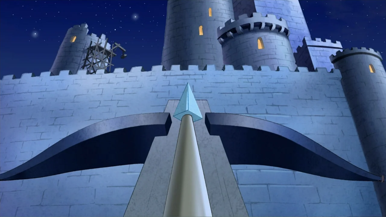 Tom and Jerry: Robin Hood and His Merry Mouse (2012) movie still: wide — A stone castle wall with crenelated ramparts stands under a starry night…